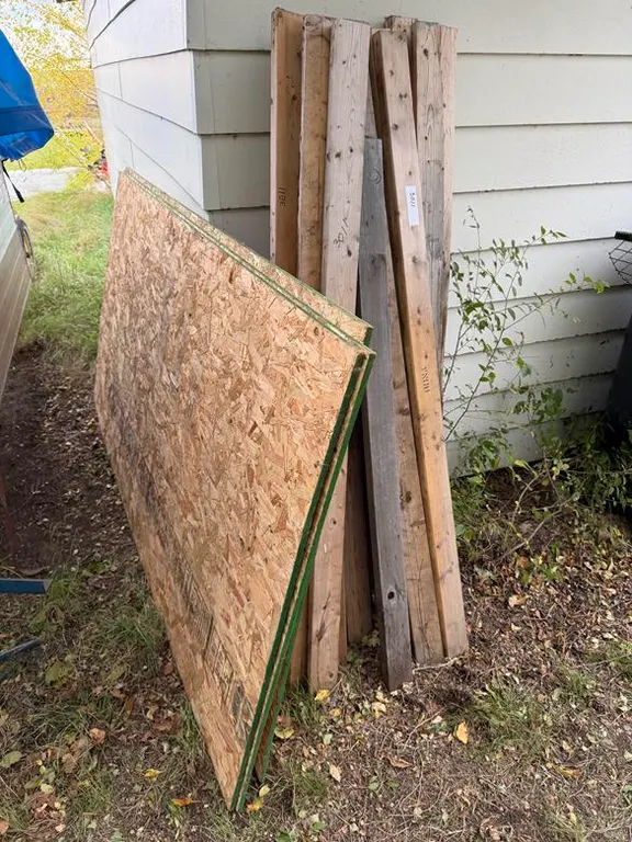Assorted Lumber Including 3 Sheets Press Board 4'x8' and Boards