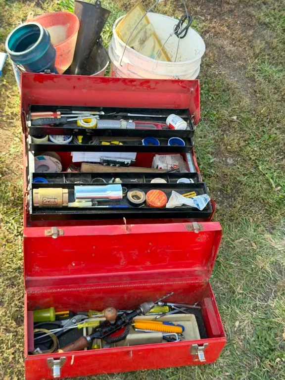 Red Fold Out Tool Box with Tools and Supplies