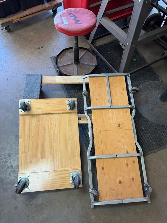 Mechanics Stool, Creeper & (2) Moving Dollies