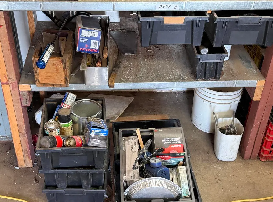 (2) Shelves of Air Pump, Hardware, Files & Tools