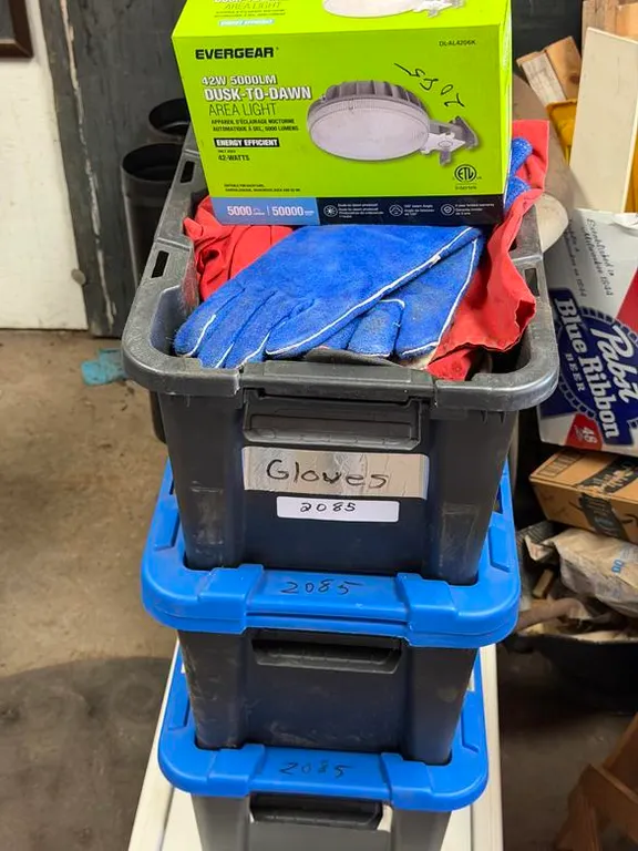 Tote of Gloves, Area Light and Empty Totes