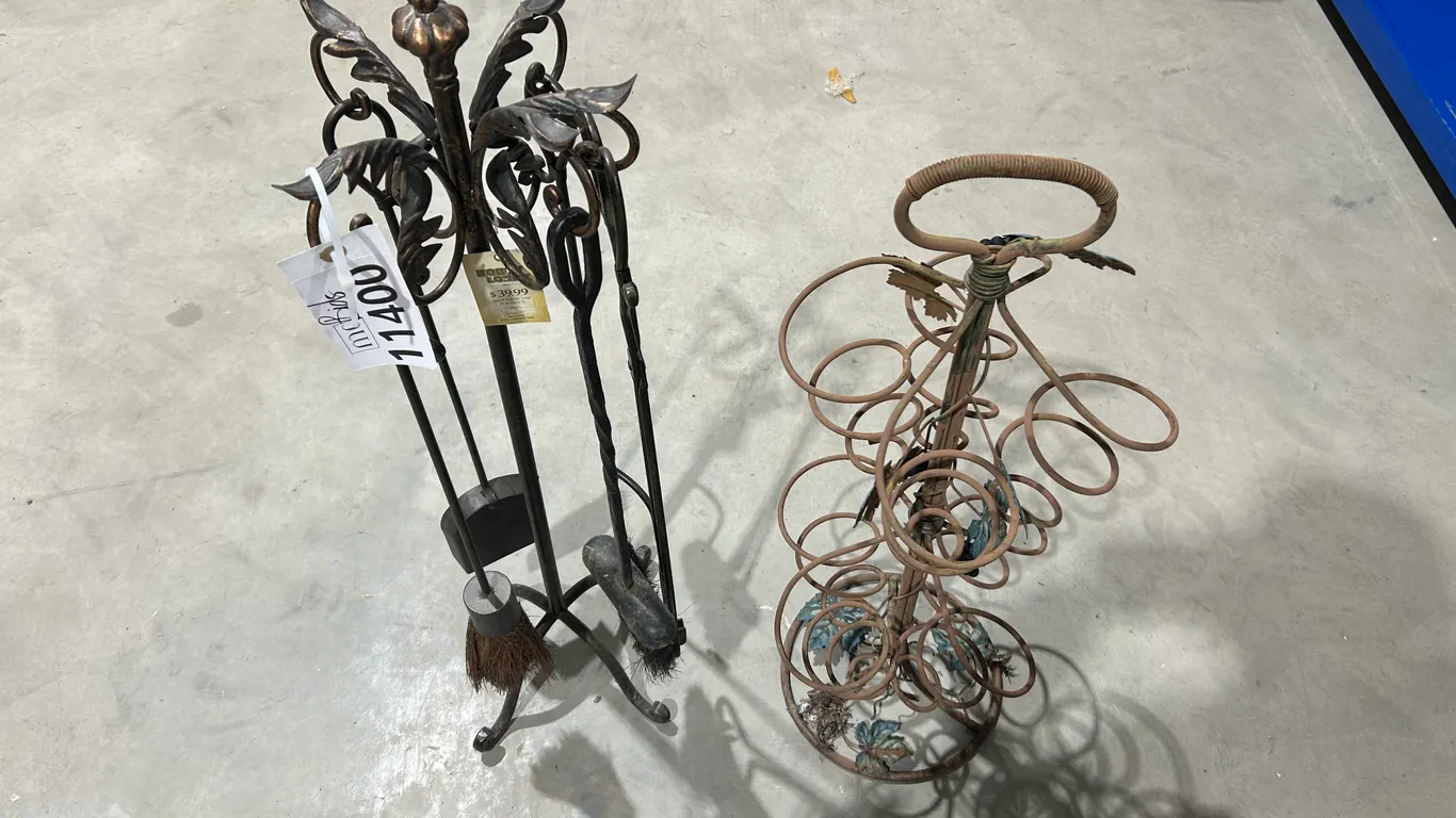 Cast Iron Wine Rack & Fire Place Tool Set