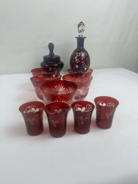 Vintage Deep Ruby Decanter, Shot Glasses, Covered Jar and Tumblers