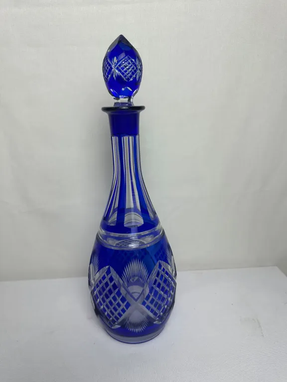 Vintage Bohemian Cobalt Blue Cut-to-Clear Decanter