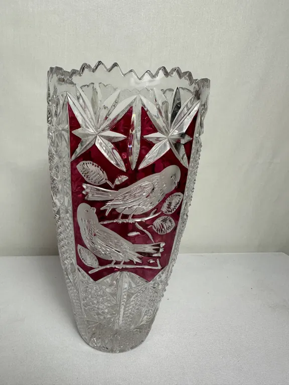 Vintage Lead Crystal Vase with Ruby Red Cut-to-Clear Birds Design