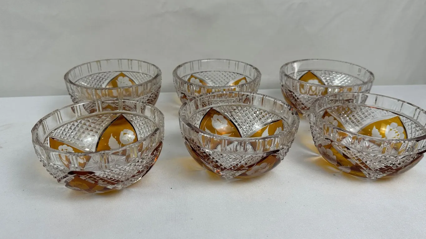6 Vintage Julia Amber Cut-to-Clear Crystal Glass Bowls