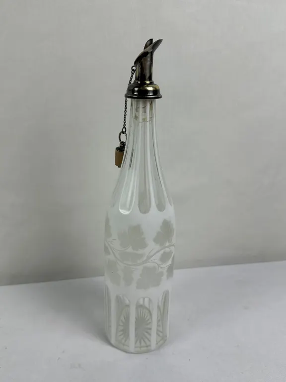 Vintage Bohemian White Overlay Glass Decanter with Metal stopper/pourer