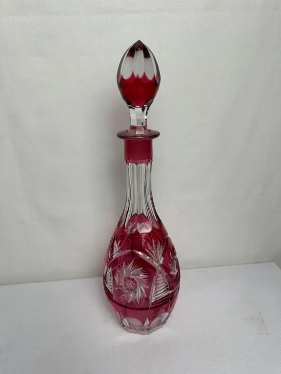 Heavy Vintage Cranberry Red Cut-to-Clear Decanter with Stopper