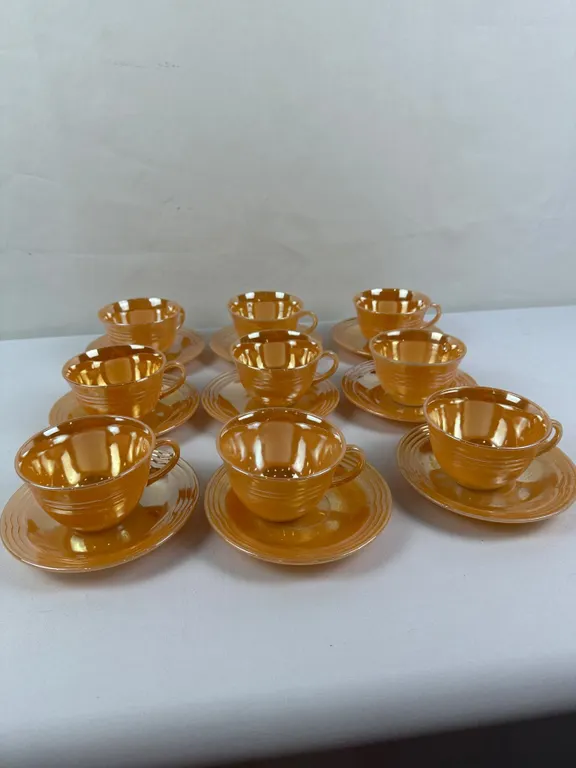 Set of 9 Vintage Fire-King Tea Cups/Saucers in the Peach Lustre Three Band Pattern