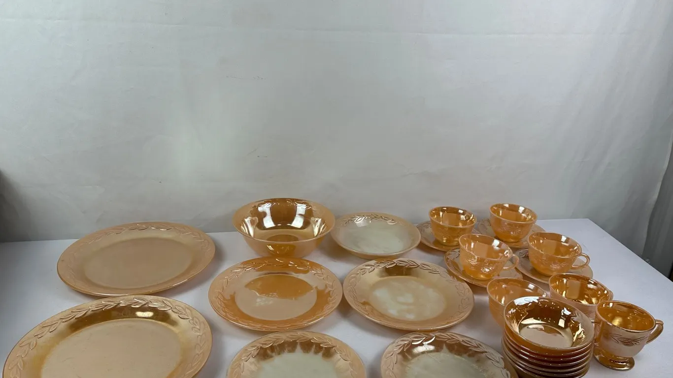 Vintage Fire-King Peach Lustre Tableware in the "Laurel Leaf" Pattern.