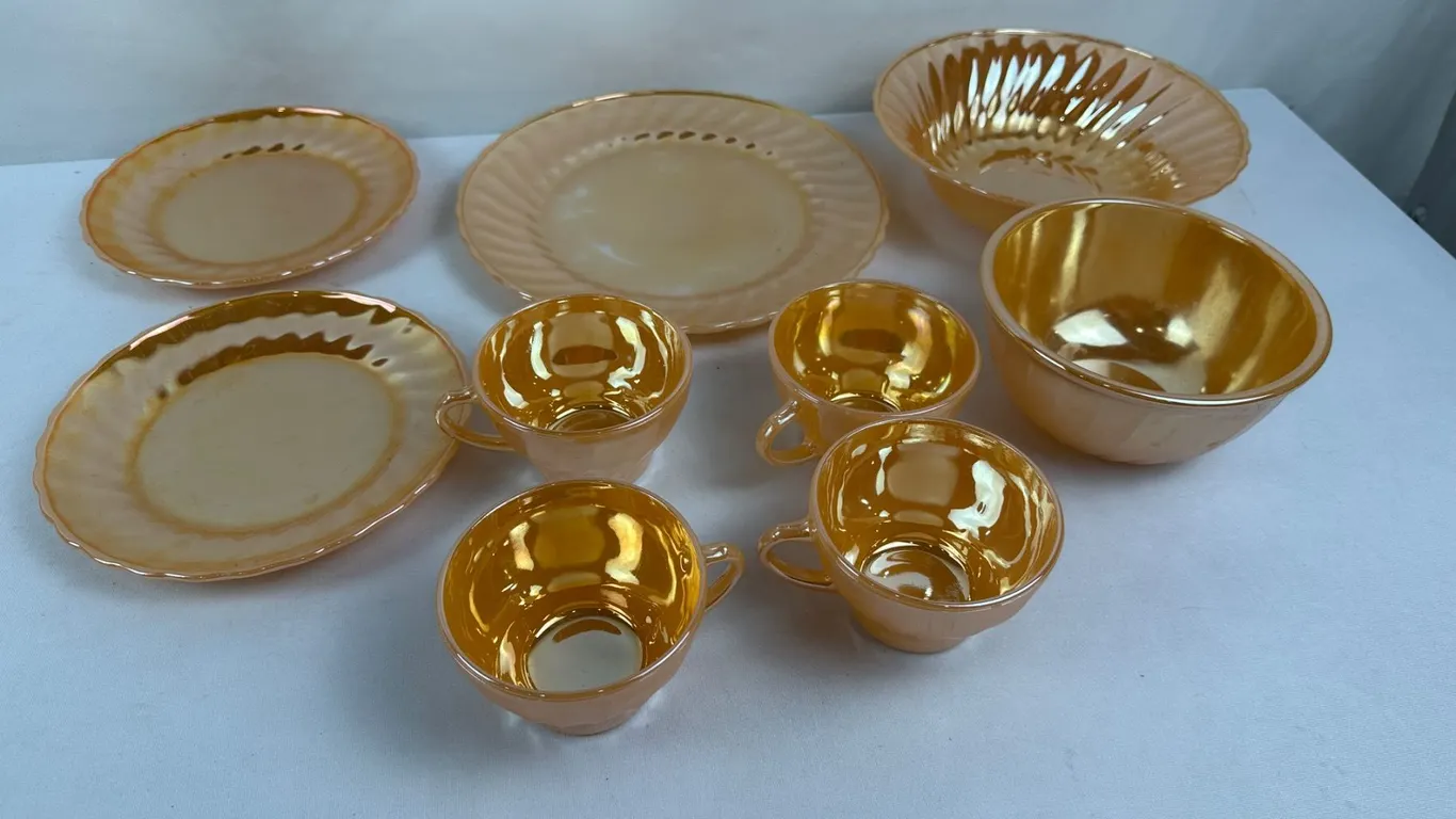 Vintage Fire-King Peach Lustre Swirl Dishware