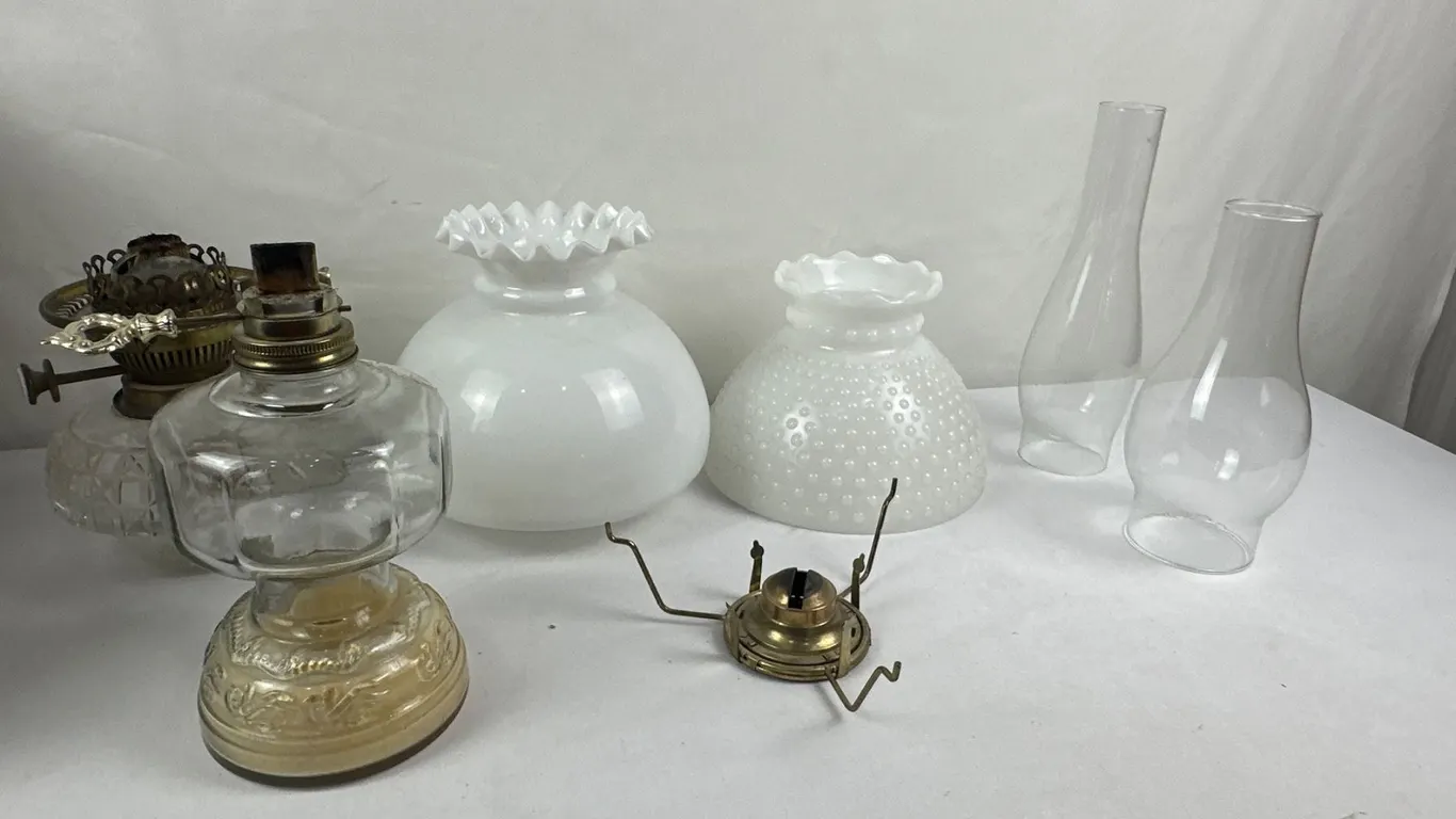 Two Vintage Clear Glass Oil Lamps with White Glass Shades