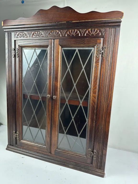 Hanging Wooden Corner Display Shelf with Leaded Glass Doors