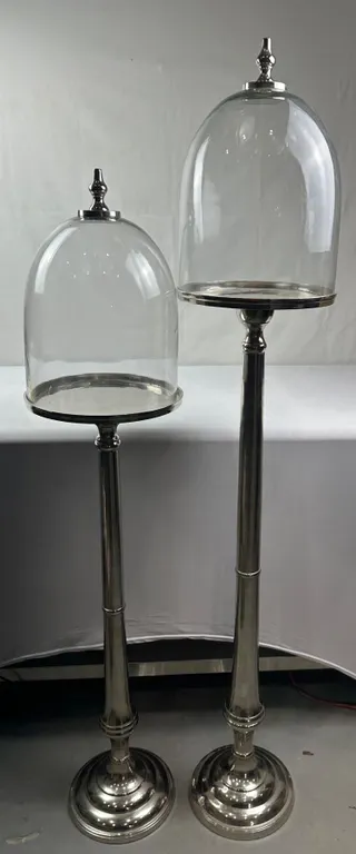 Pair of Tall Metal Stands with Glass Bell Jars