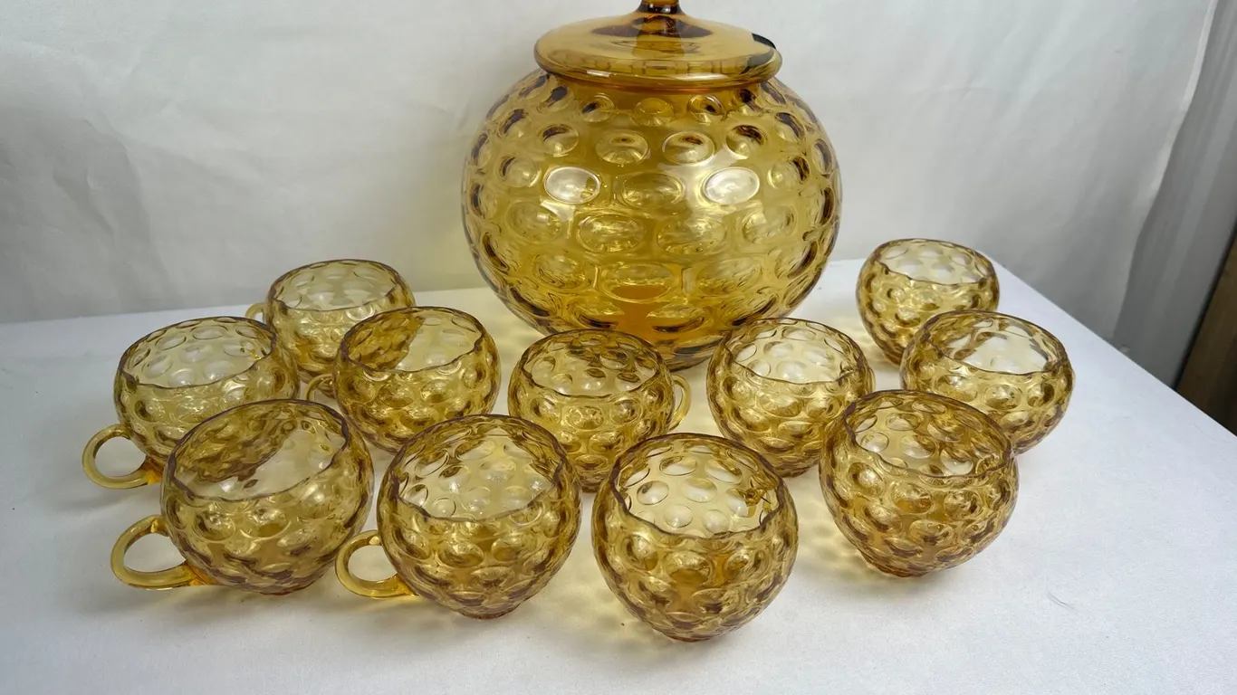 MCM Amber Bubble-Glass Punch Bowl with Lid & Round Glass Cups, 13-Piece Set