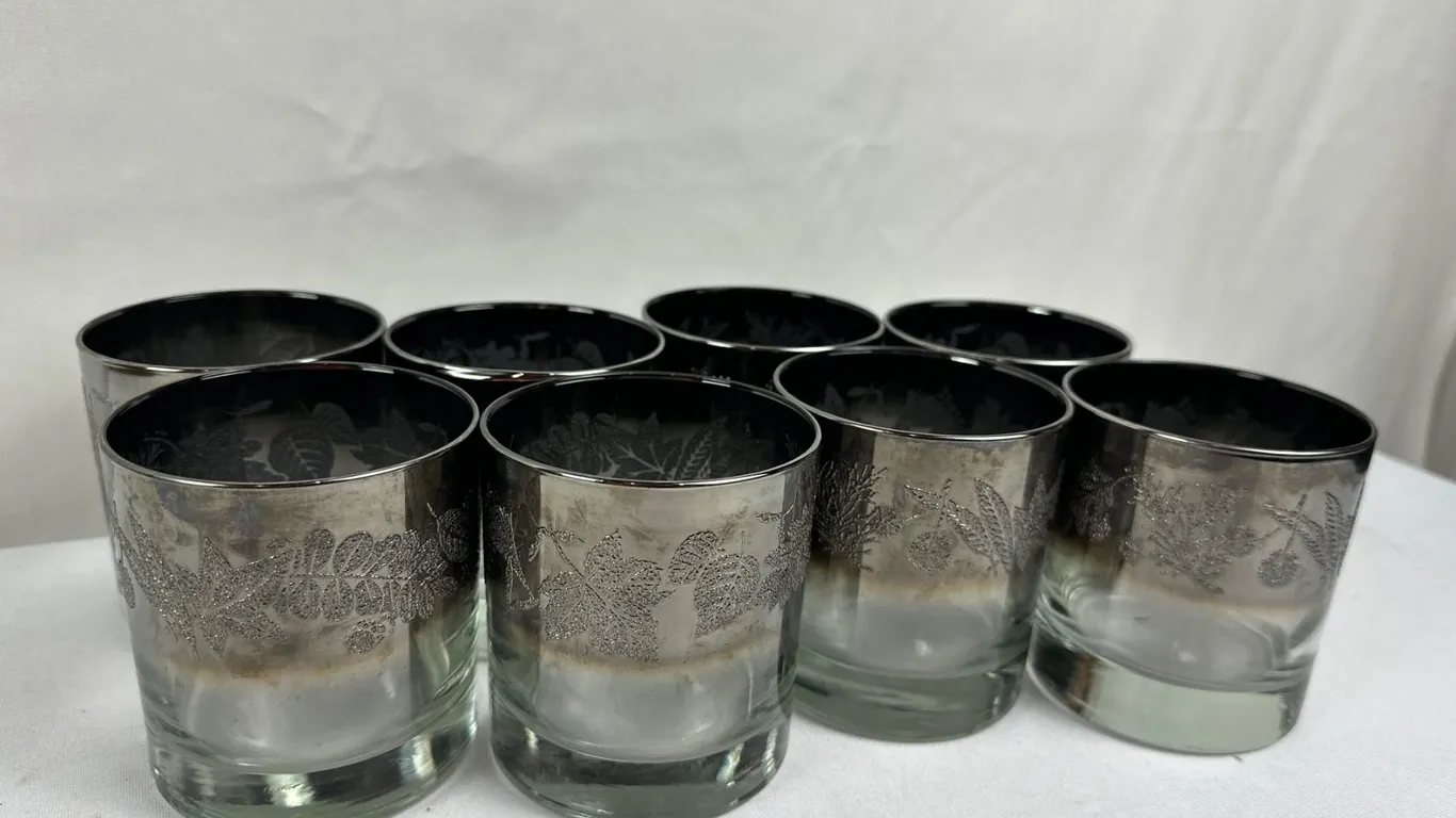 Vintage 1950-1960s Silver Ombre Fade & Embossed Botancial Leaf Motif Lowball Glasses