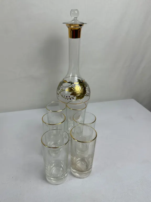 Vintage Hand-Painted Bohemia Crystal Frosted Decanter w/Lid and Shimmery Gold Leaves, and 6 Glasses