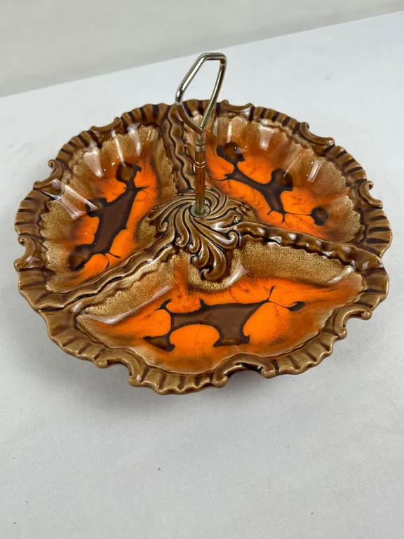 Vintage 1960-1970s Belgo Canadian Glazed Ceramic 3-Section Serving Dish with Middle Handle