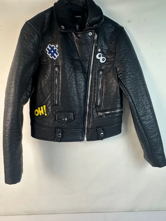 Black Faux-Leather Bomber Jacket with Fabric Decals on front and back