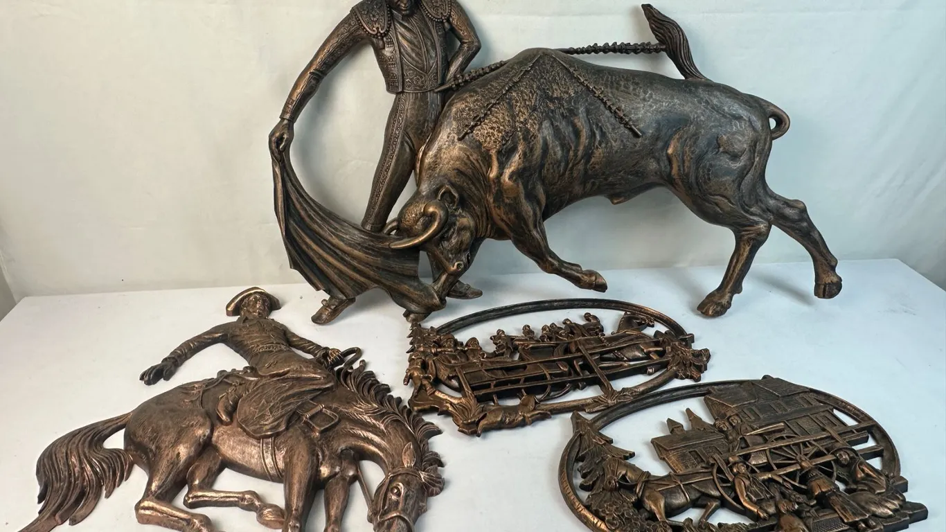 Vintage 1968 CopperCraft Guild Wall Hangings - Matador & Bull, Cowboy on Bucking Horse, Sleigh Ride