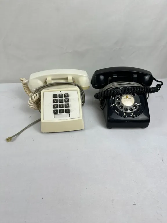 2 Vintage Northern Electric Model 2500 Cream Push-Button Desk Telephone & Black Rotary Desk Telephon