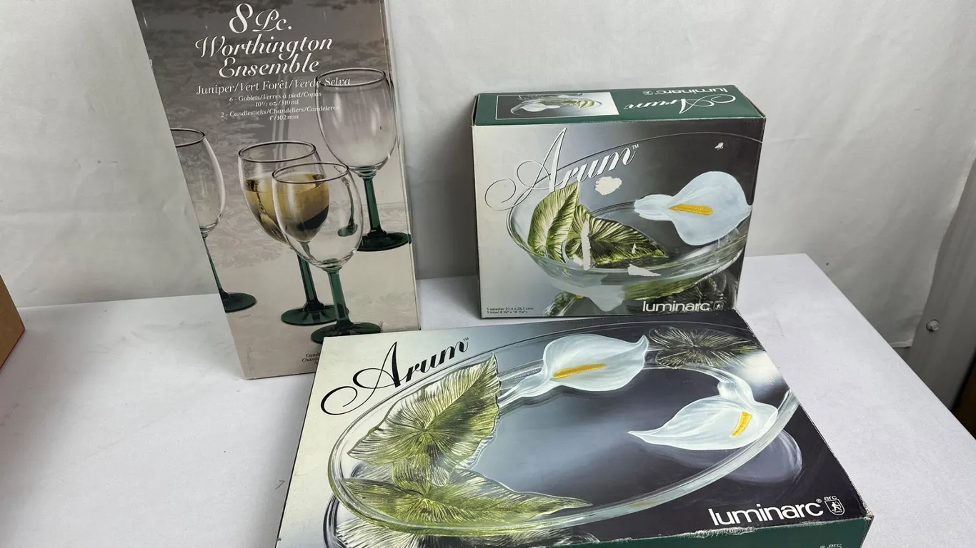 New 8 Libbey Green Candlestick Holders & Goblets Set & 2 Luminarc Salad Bowl and Platter