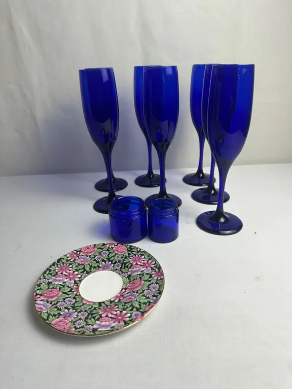 Cobalt Goblets, cobalt jars, decorative saucer