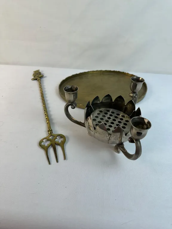 Brass Tray & Silver Plate Lotus Candle holder