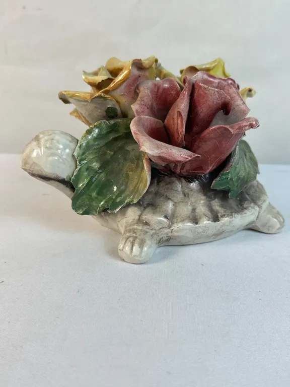 Vintage Capidomonte Turtle Carrying Roses
