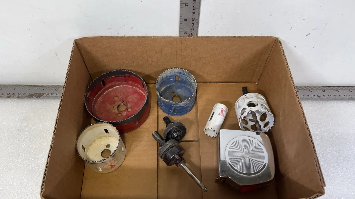 Assortment of Hole Saws Bits Arbour Bits, and Measuring Tape, Approx. 8 Items *Unreserved*