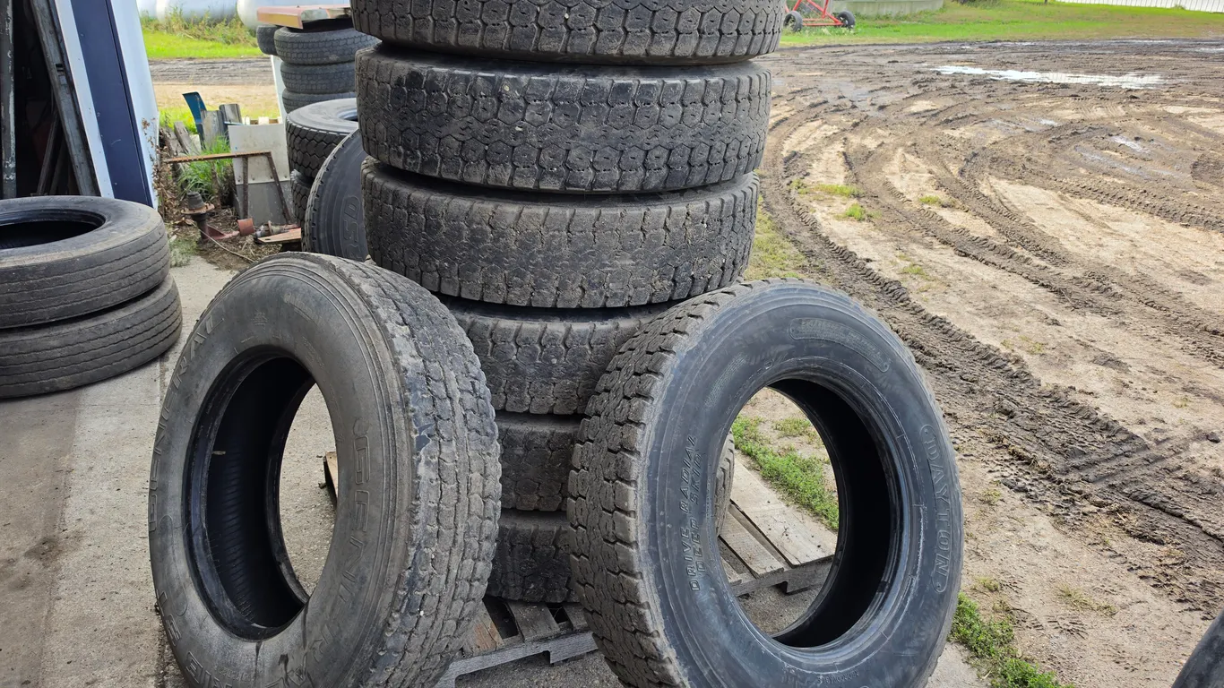 (8) 295/75R22.5 Drive Tires, 14 Ply, 7 - Dayton and 1 – General Brand, Buying All for One Money