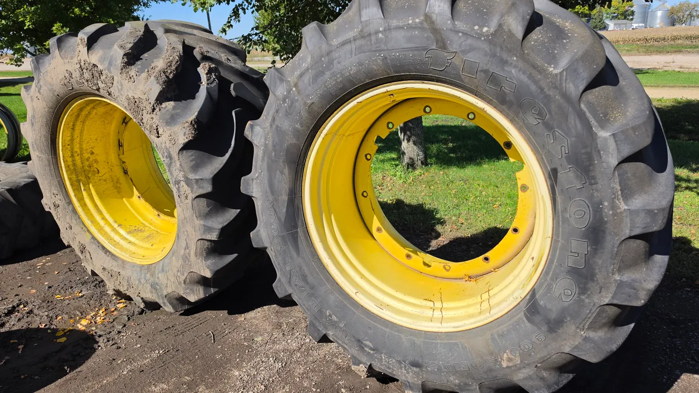 (2) 900/50R42 Firestone Radial 9000 Tires on 12 Bolt John Deere Rims, off John Deere 8100