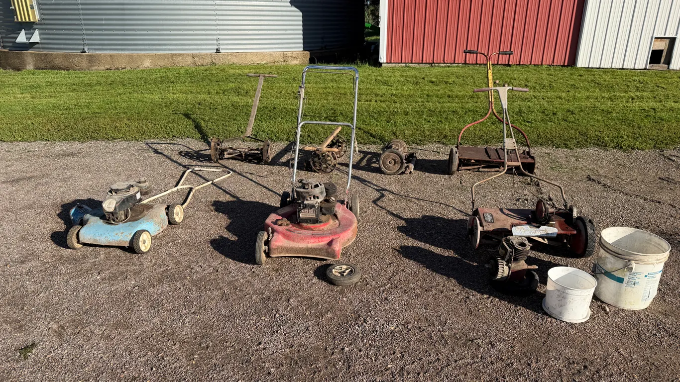 Antique Lawn Mower Collection, One Reel Mower Is Functional