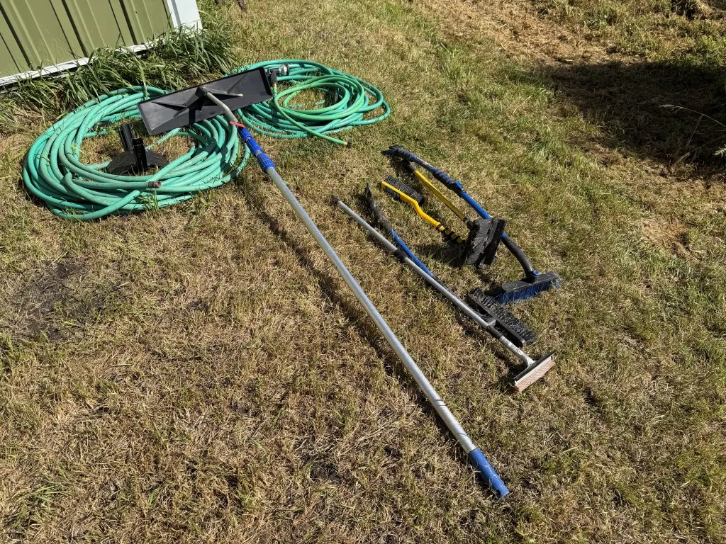 Garden Hoses, Snow Rake, And Windshield Scrapers (Lot 5)