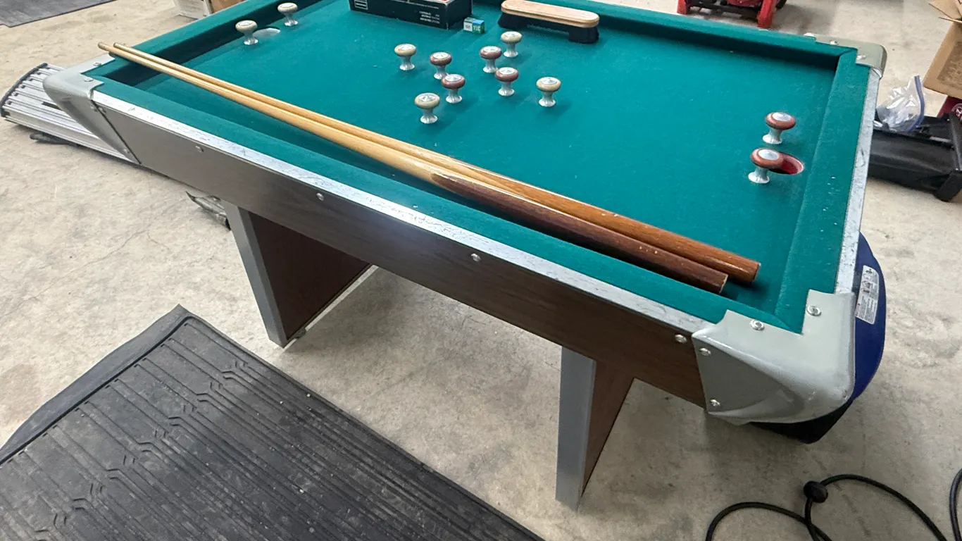 Bumper Pool Table, Complete With Balls, Pool Sticks, 35" X 52" X 30" Tall