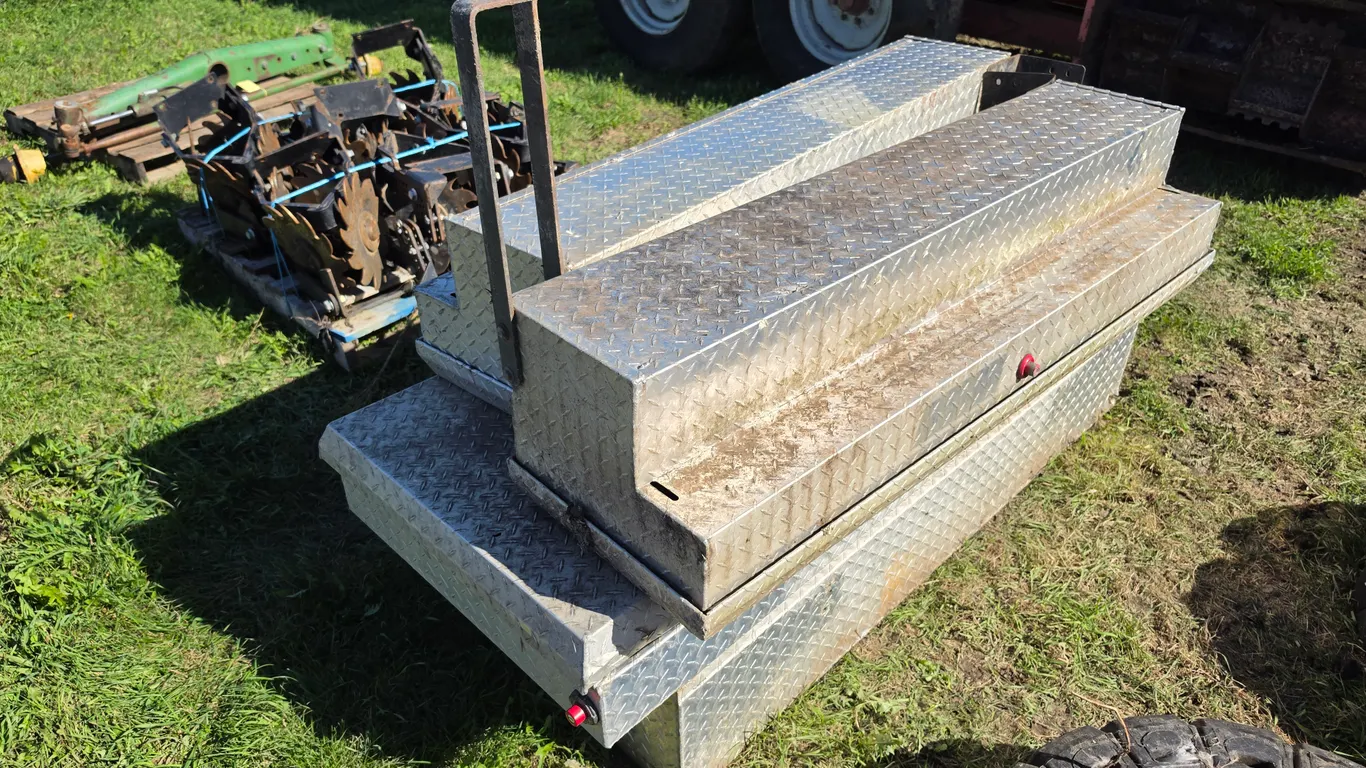 Aluminum Tool Boxes, Sides and Front, Latches Need Work, Side Boxes 56” Long, Front Box is 6’ Wide,