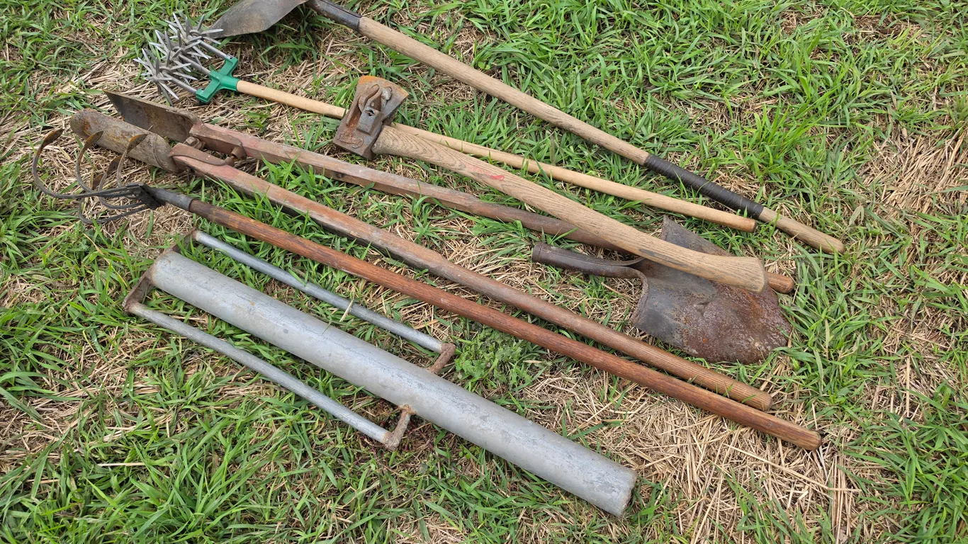 Post Pounder, Splitting Maul, Cultivator and Misc Hand Garden Tools