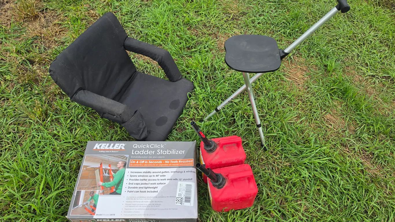 (2) 1 Gallon Gas Cans, ladder Stabilizer, Stadium Seat and Stool, Buying All for One Money