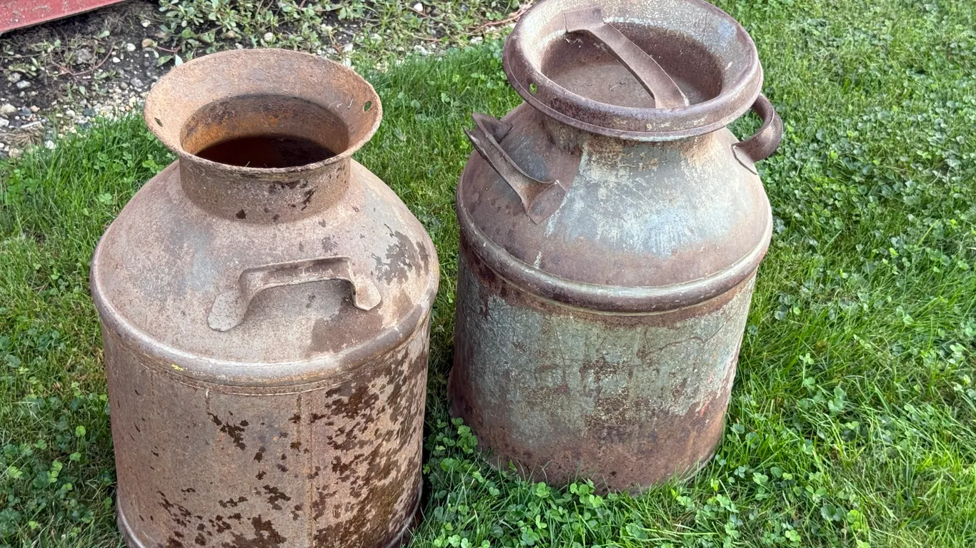 (2) 8 Gal Milk Cans, 1 Lid, Buying All for One Money