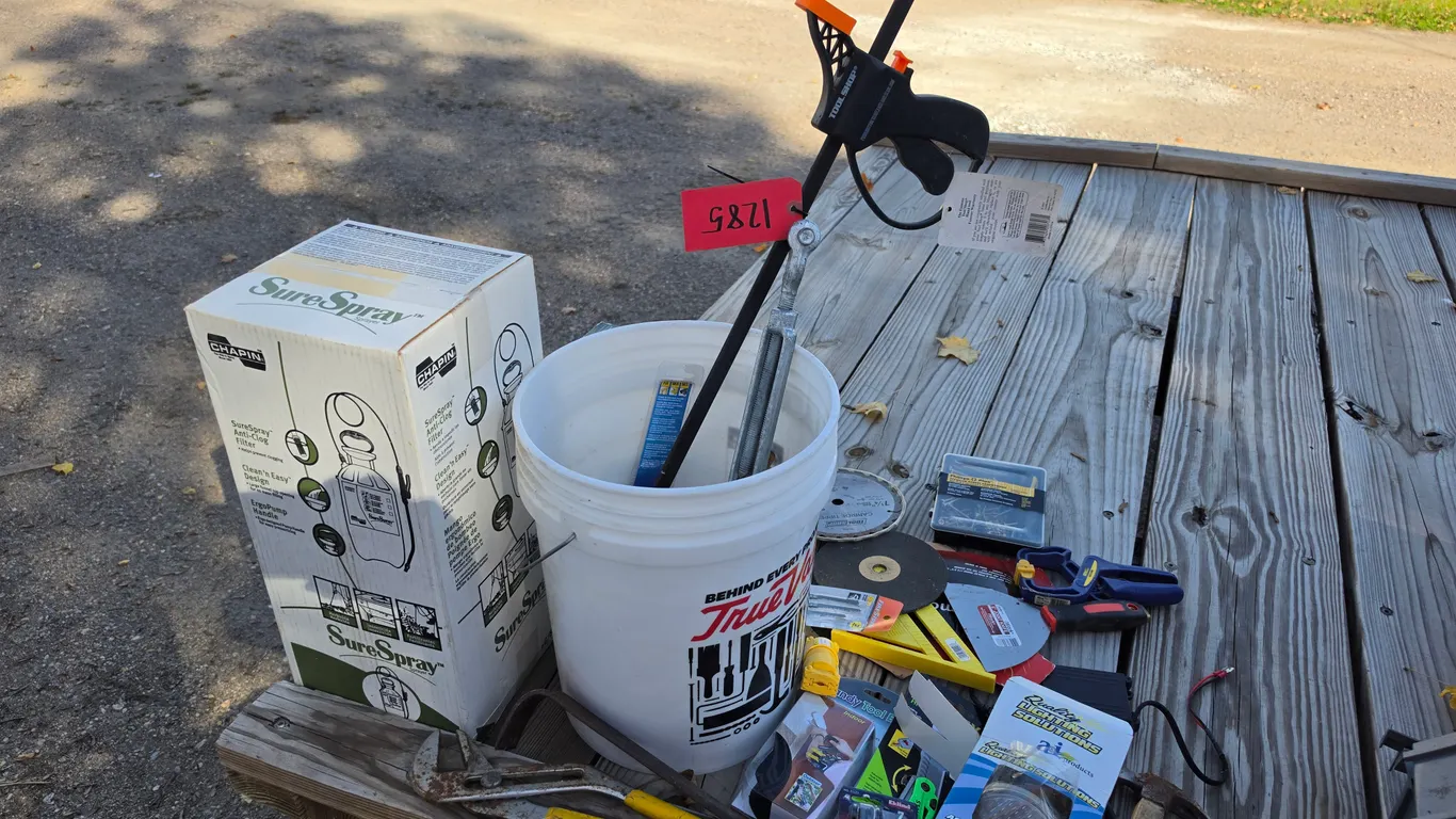 6" Random Orbit Waxer, 2 Gallon Hand Sprayer, Knives, Clamps, Hand Tools, and Misc., *MUST BE PICKED
