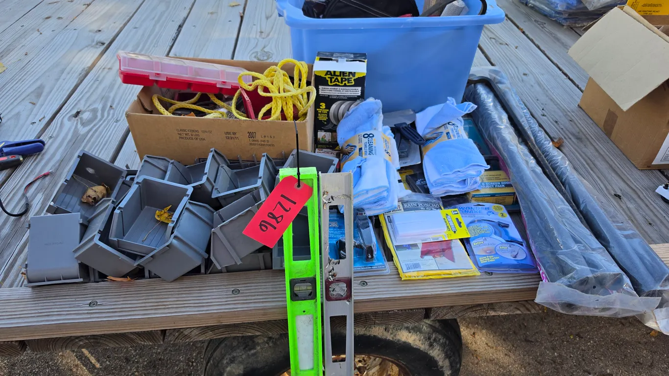 Organizers, 4' Levels, Door Hardware, Crowbar, Gas Can Spout, and Misc., *MUST BE PICKED UP BY FRIDA