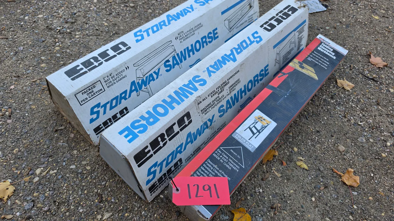 New In Box Saw Horses and New In Box Folding Clamping Work Bench, *MUST BE PICKED UP BY FRIDAY, OCTO