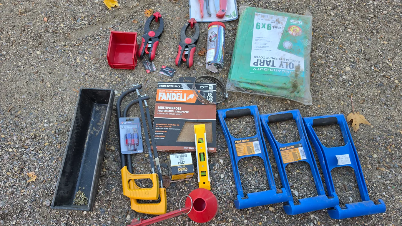 SandPaper, Panel Carriers, Tarp, Clamps, Saws, *MUST BE PICKED UP BY FRIDAY, OCTOBER 23RD @ 4:00 PM.