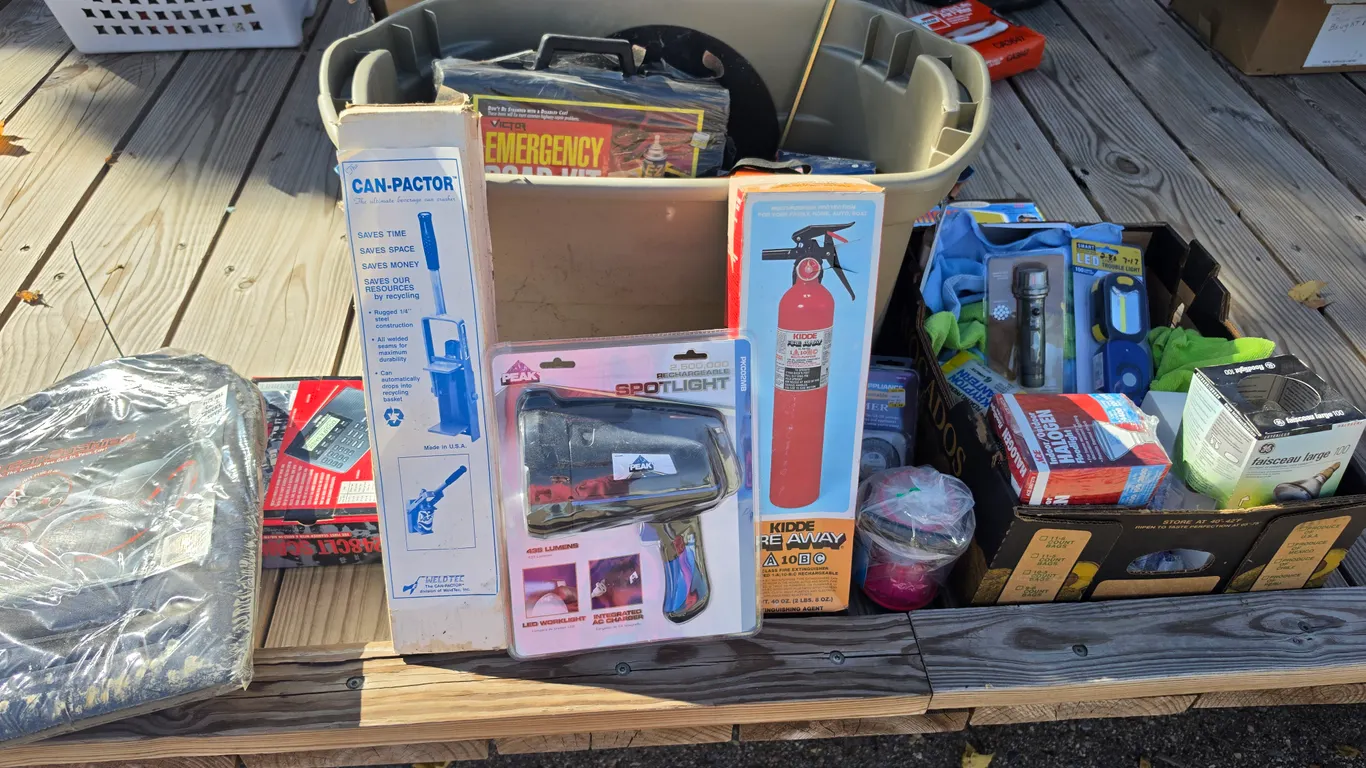 Fire Extinguisher, Can Crusher Heated Car Cushion, Rags, LED Spotlight, *MUST BE PICKED UP BY FRIDAY
