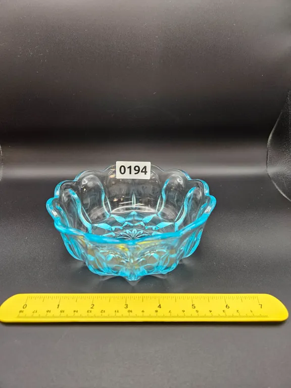 Blue Glass Ruffled Edge Bowl with Starburst Pattern