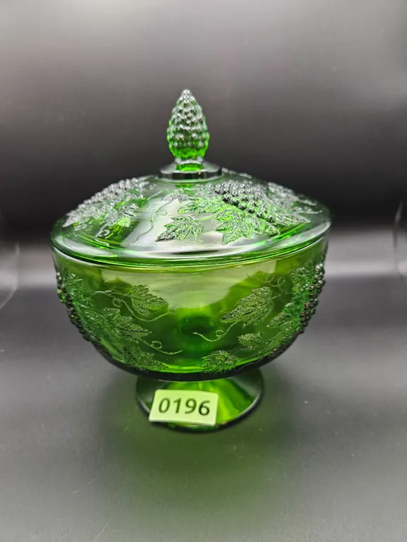 Green Glass Covered Compote Grape & Vine Pattern