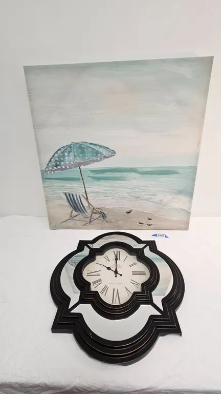Mirrored Wall Clock and Beach Scene Canvas Art
