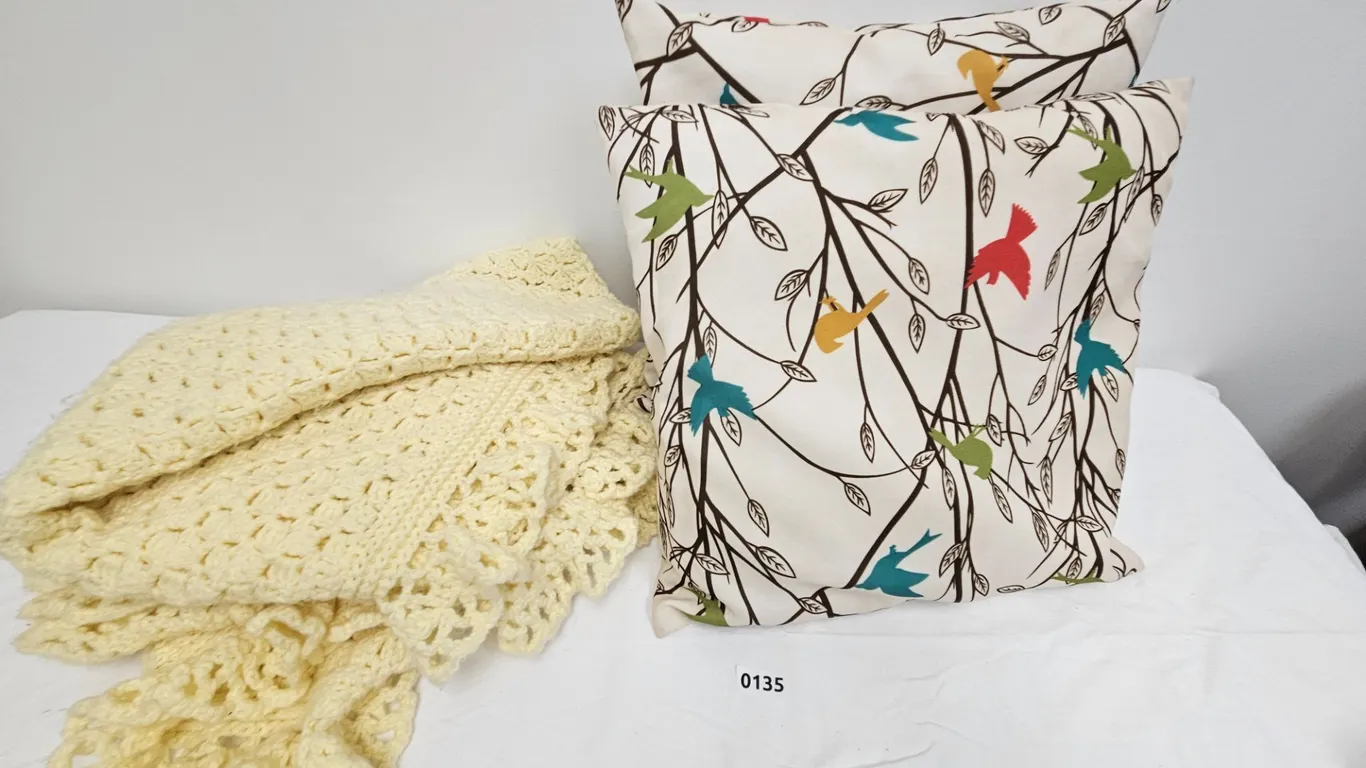 Hand-Crocheted Blanket with Bird-Patterned Throw Pillows