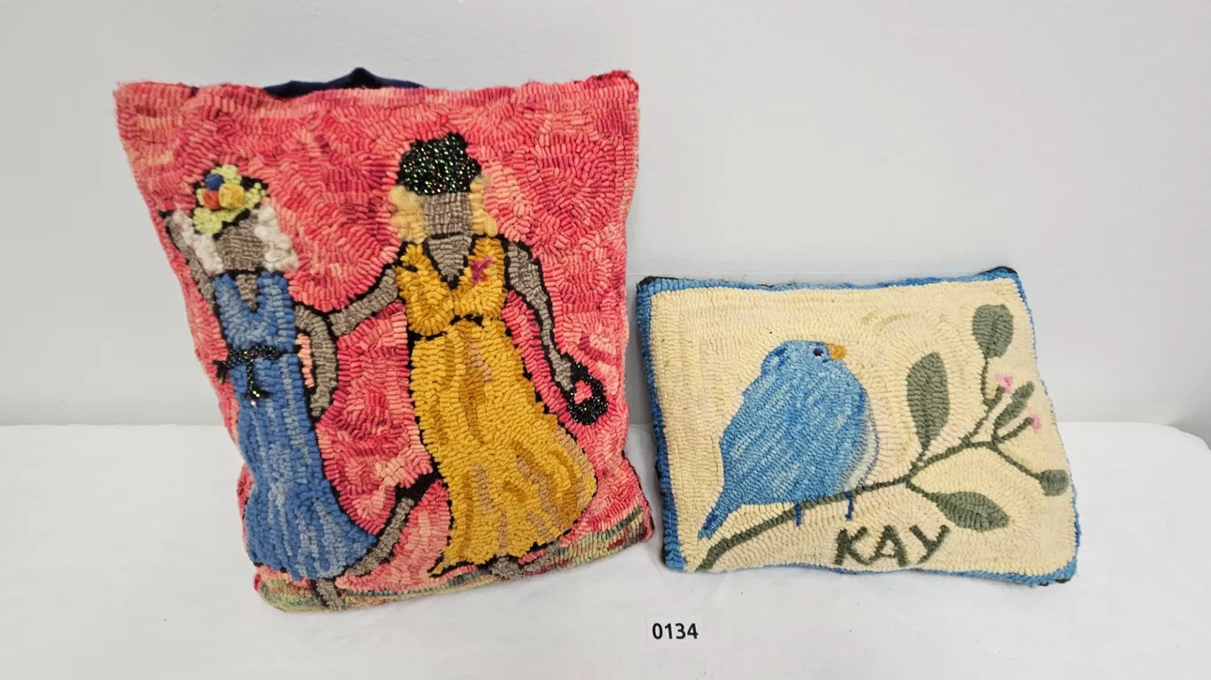 Folk Art Hooked Rug Pillows, Set of Two