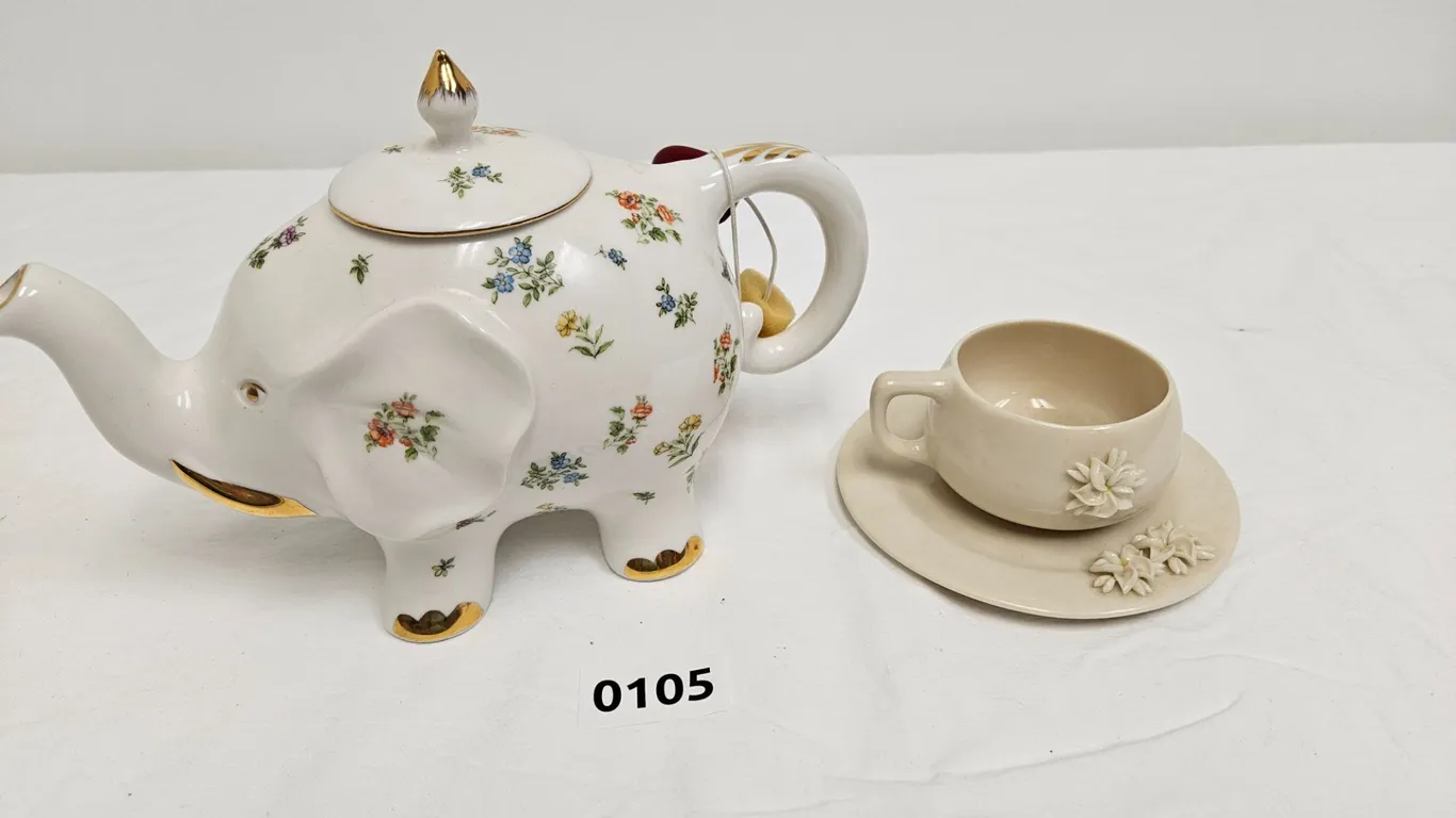 Grace's Teaware Elephant Teapot and DMO Porcelain Plumeria Cup and Saucer Set